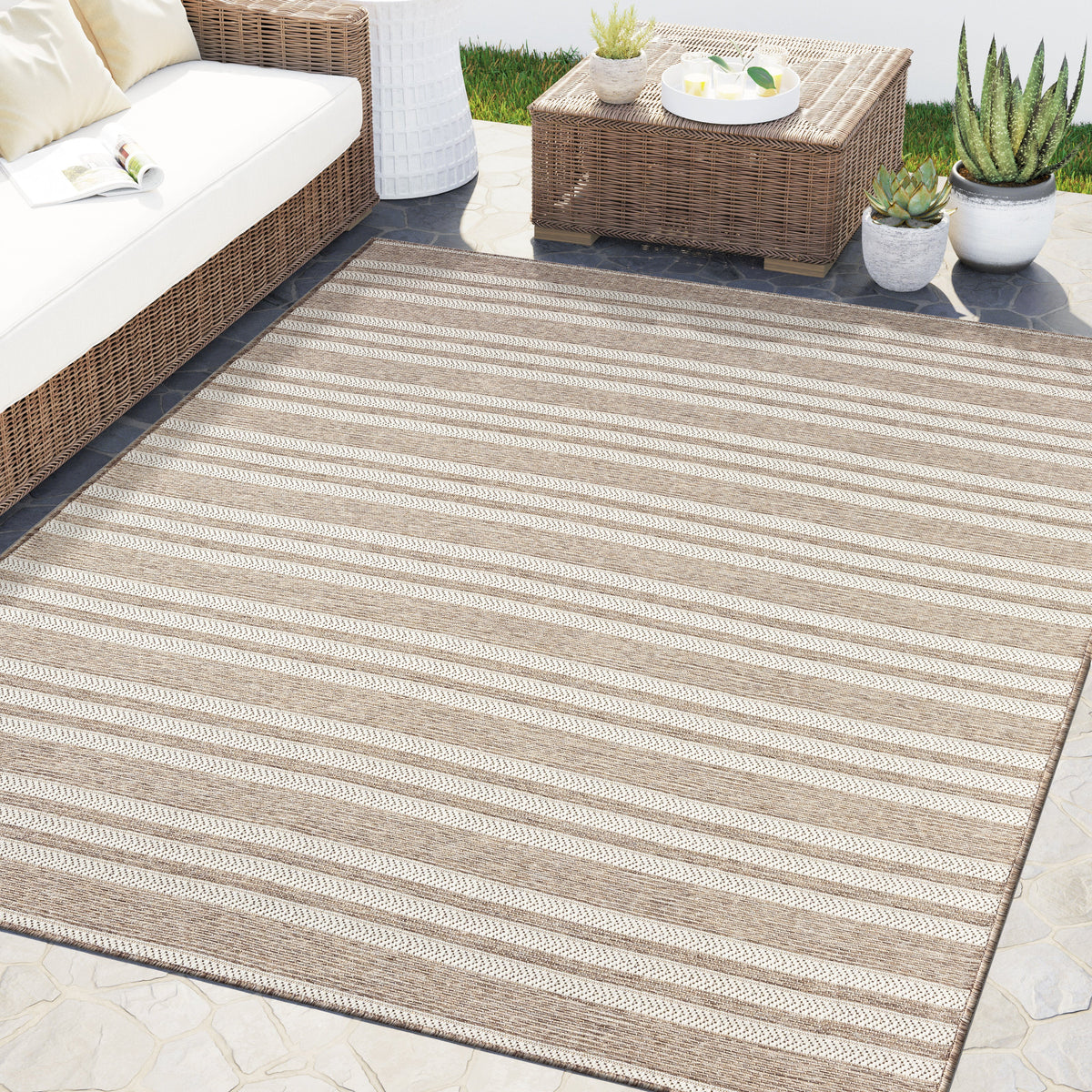 Beige Striped Indoor/Outdoor Area Rug - Abani OCE120A Polypropylene