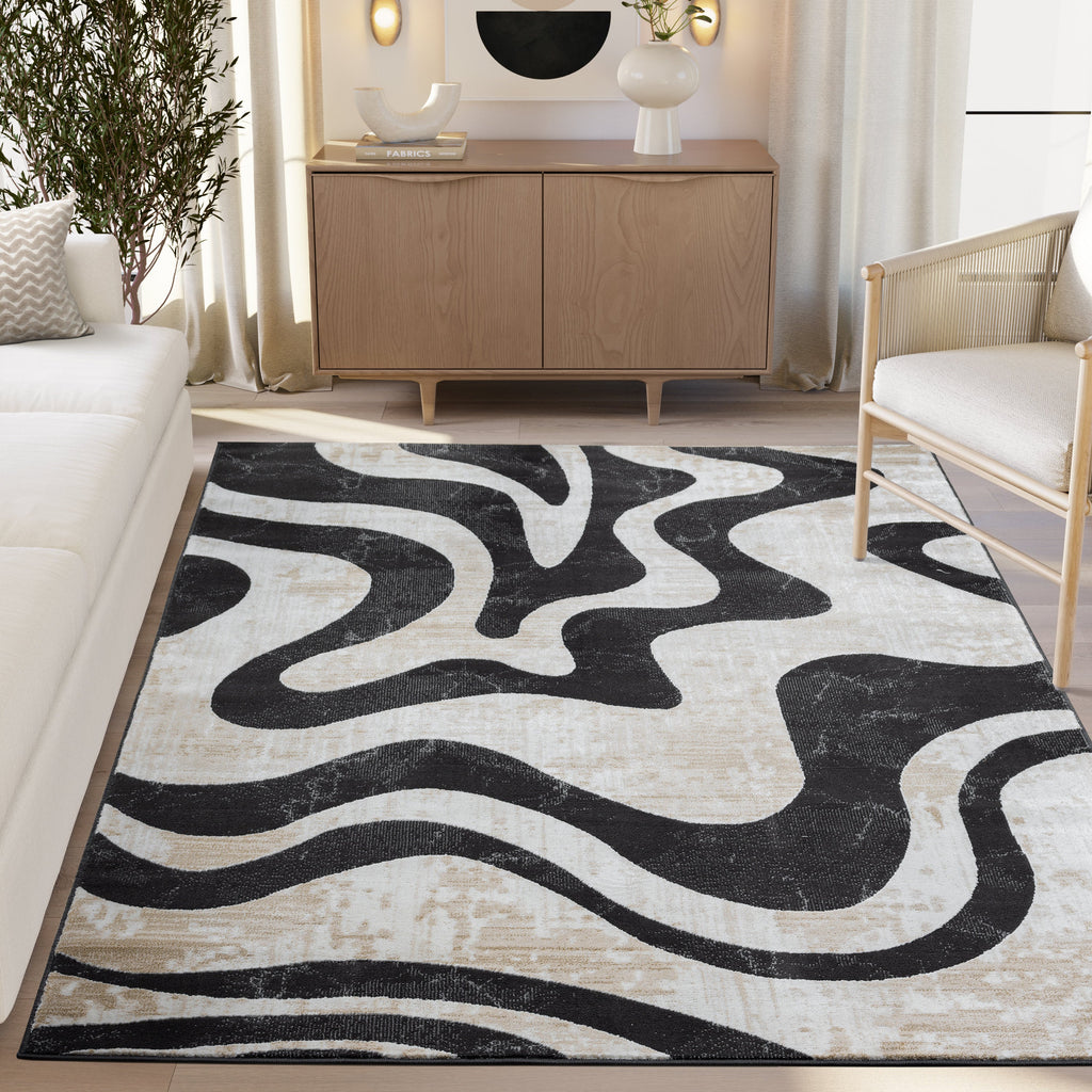 Abani TER200A - Modern Beige Black Swirl Area Rug for Living Rooms