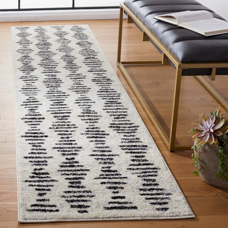 Geometric Area Rug Ivory & Black Modern Runner for Indoor Use