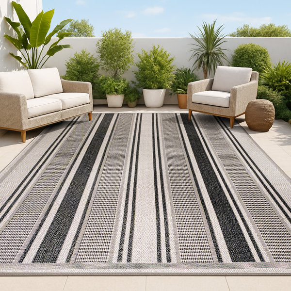 Clarina Modern Double Stripe Rug - Black/Beige Indoor/Outdoor Area Rug