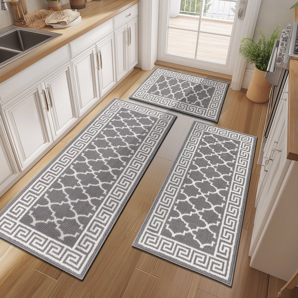 3-Piece Non-Slip Kitchen Mat Runner Set - Washable Polypropylene Rugs