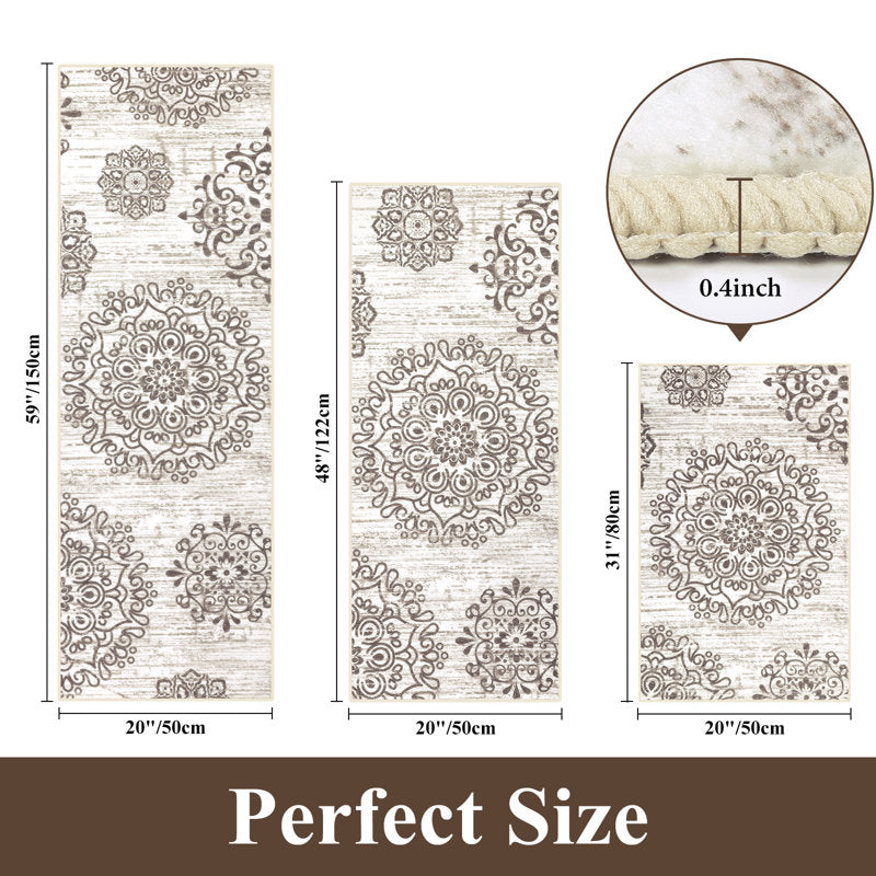 3-Piece Farmhouse Kitchen Rug Set - Vintage Floral Washable Mats