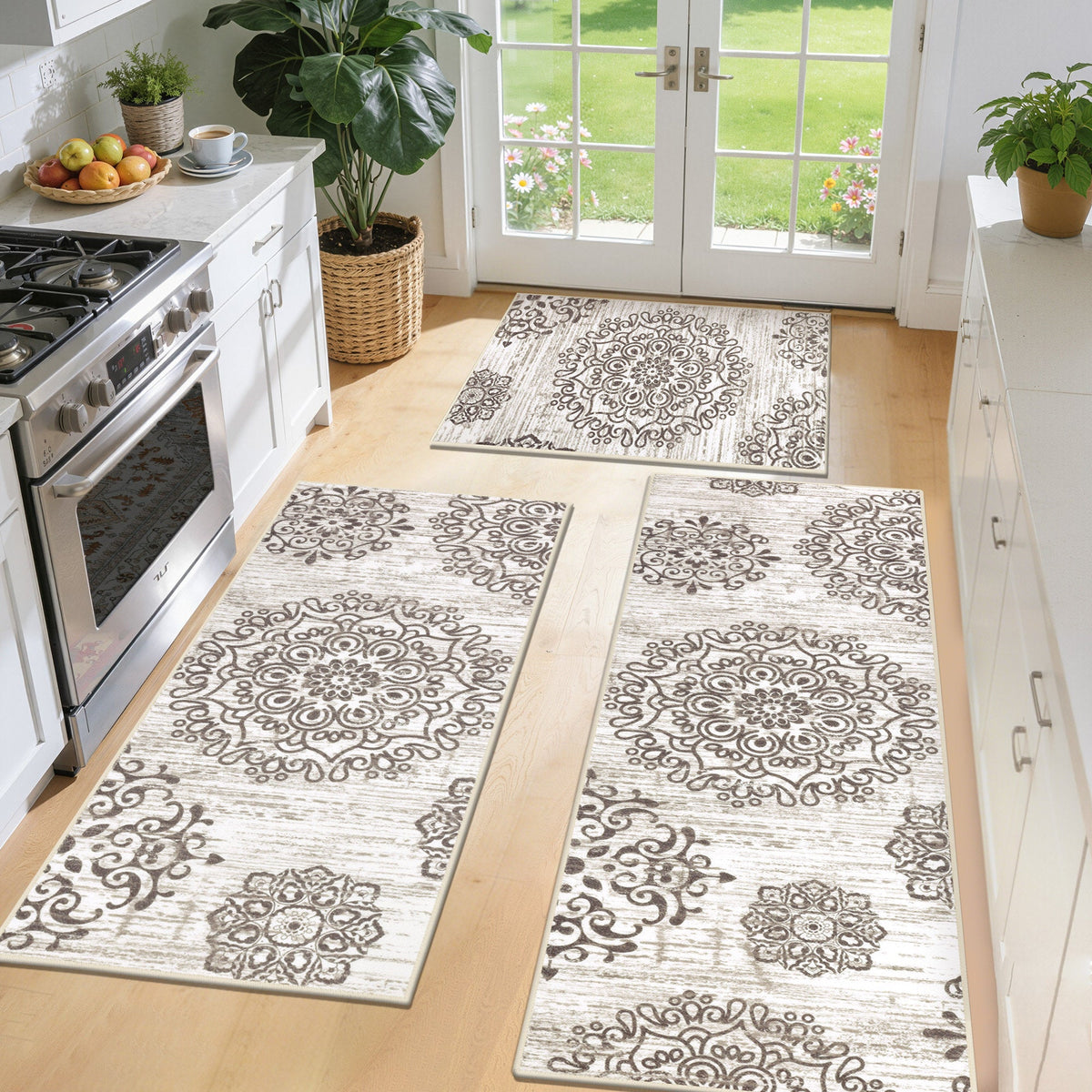3-Piece Farmhouse Kitchen Rug Set - Vintage Floral Washable Mats