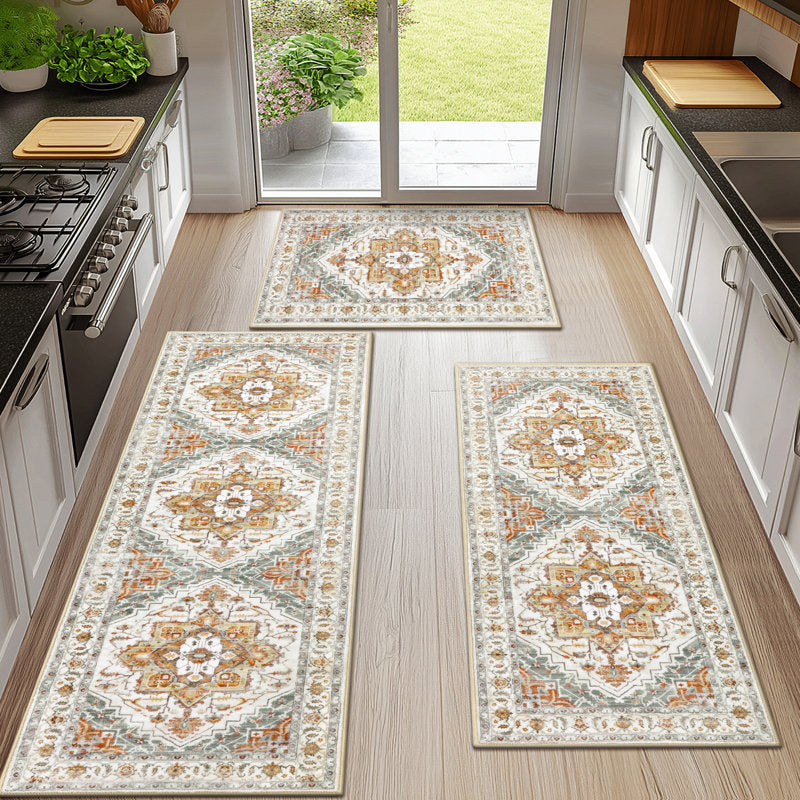 3-Piece Kitchen Rug Set - Vintage Floral Polyester - Non-Slip Mats