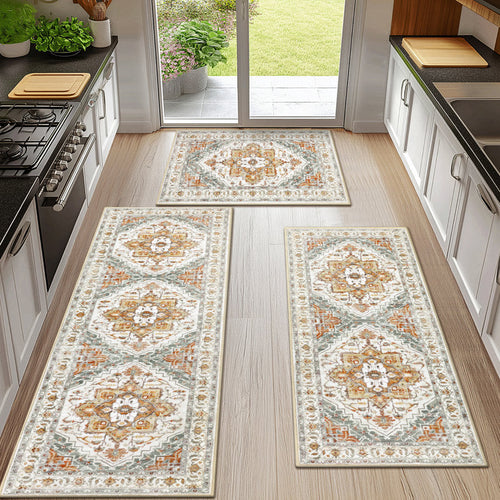 3-Piece Kitchen Rug Set - Vintage Floral Polyester - Non-Slip Mats
