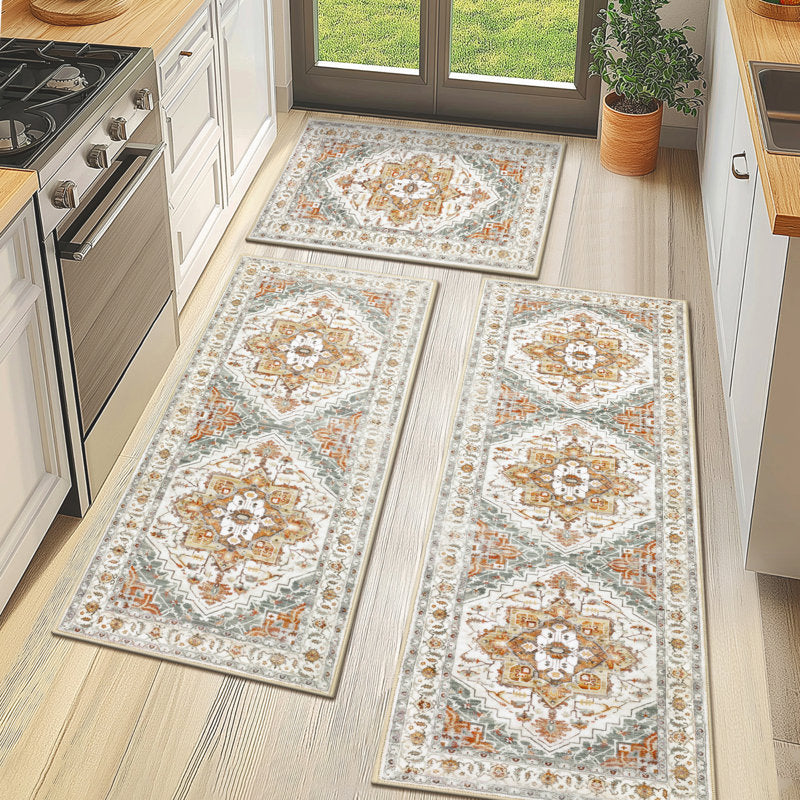 3-Piece Kitchen Rug Set - Vintage Floral Polyester - Non-Slip Mats