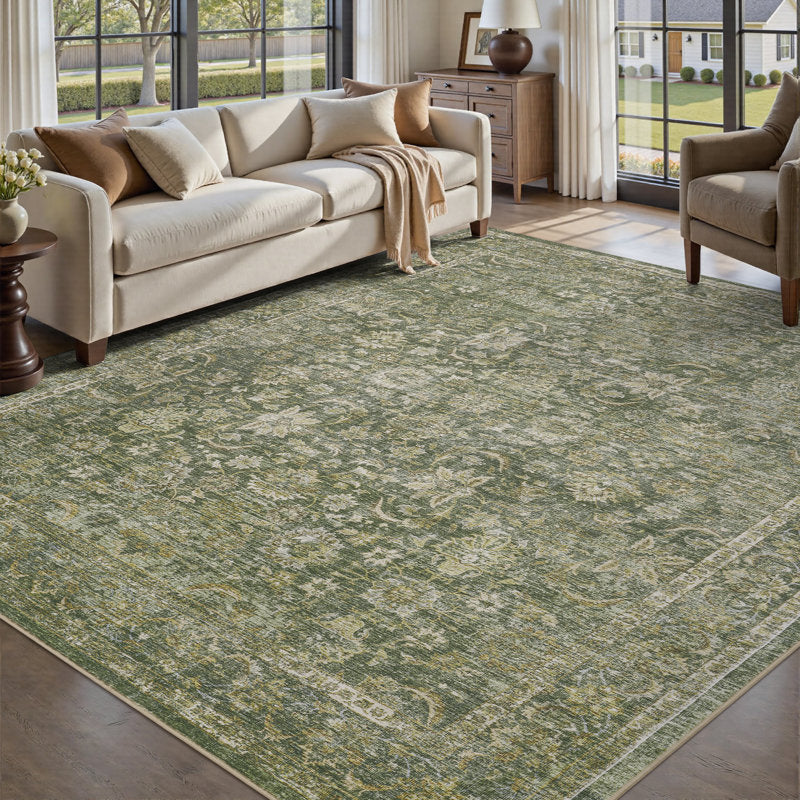 Elara Vintage Floral Area Rug - Washable Sage Green Non-Slip Rug