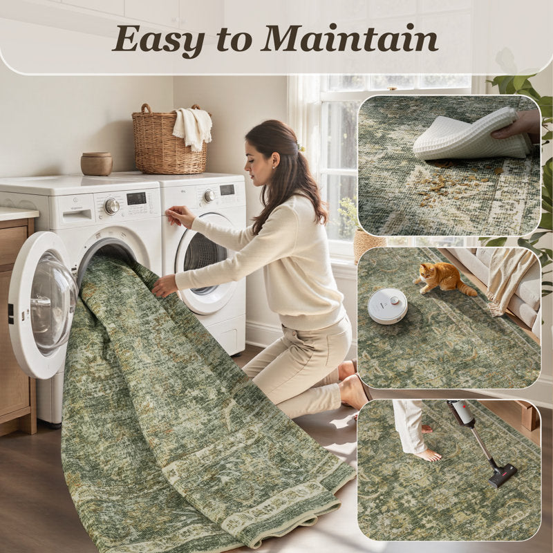 Elara Vintage Floral Area Rug - Washable Sage Green Non-Slip Rug