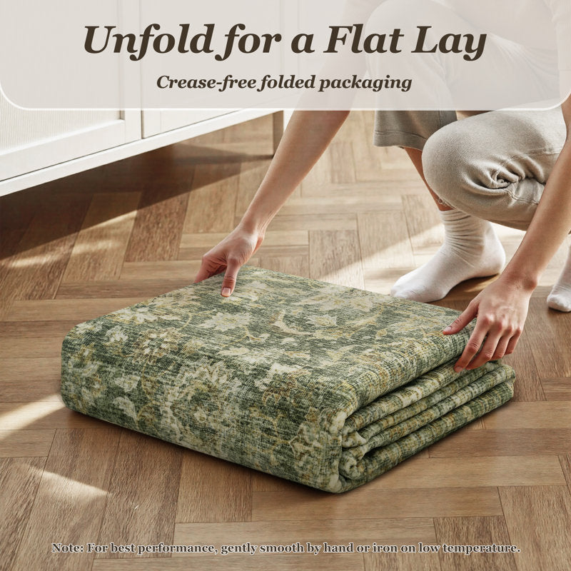 Elara Vintage Floral Area Rug - Washable Sage Green Non-Slip Rug