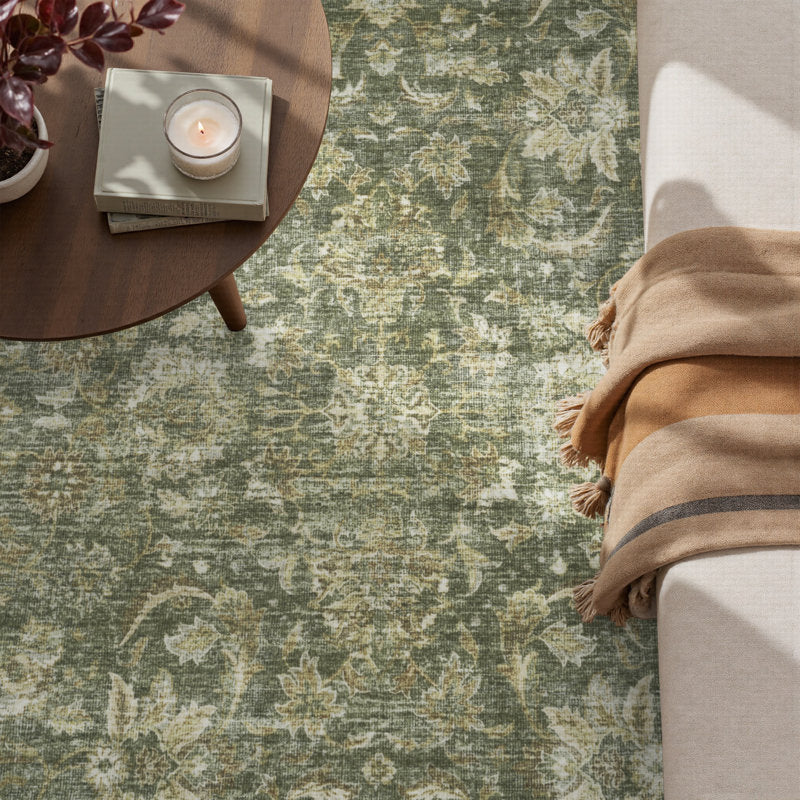 Elara Vintage Floral Area Rug - Washable Sage Green Non-Slip Rug