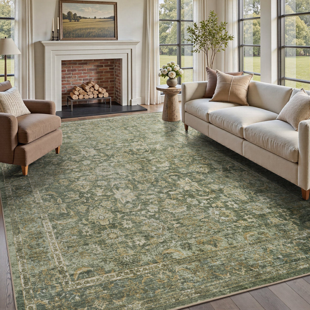 Elara Vintage Floral Area Rug - Washable Sage Green Non-Slip Rug